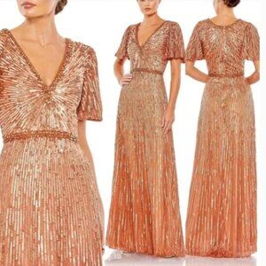 MAC DUGGAL 5538 EMBELLISHED V-NECK BUTTERLFY SLEEVE COLUMN COPPER GOWN sz 4